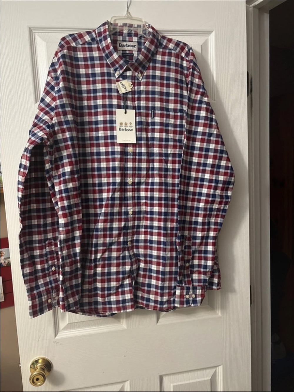Barbour Men's Red, White and Blue Plaid Button-Down Shirt